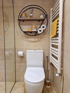 a bathroom with a toilet and a glass shower at Transylvania - Center Apartment in Cluj-Napoca