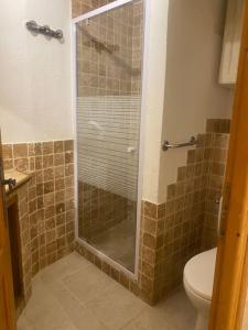 a bathroom with a glass shower with a toilet at Appartement centre ville en RDC in Lorgues
