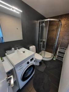 a bathroom with a washing machine and a toilet at Klaipėda city panoramic view in Klaipėda