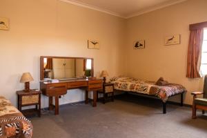 1 dormitorio con escritorio y espejo en Farm Finkenstein en Voigtland