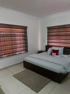 a bedroom with a large bed and two windows at TRENDY INN HOTEL in Lagos