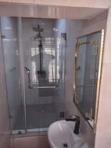 a bathroom with a sink and a glass shower at TRENDY INN HOTEL in Lagos