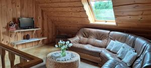 uma sala de estar com um sofá de couro e uma televisão em Cottage - Liepų Sodyba em Joniškėlis