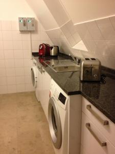 a kitchen with a sink and a washing machine at Old Town Guesthouse Erlangen in Erlangen