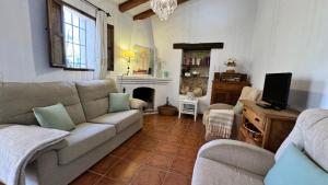 sala de estar con sofá y chimenea en Cortijo El Majito, en Frigiliana
