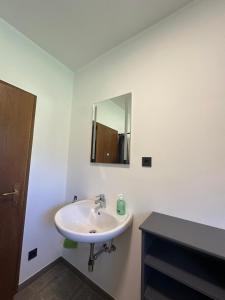 a white bathroom with a sink and a mirror at Ferienwohnung Terkl in Velden am Wörthersee +8 photos