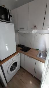 リエパーヤにあるApartment Vecliepajaの洗濯機とシンクを備えた小さなキッチン