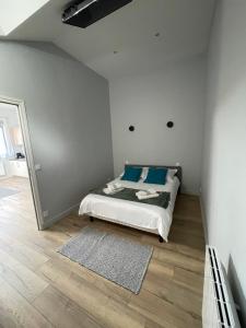 a bedroom with a bed with blue pillows and a mirror at Apartment 5 confort&modern in Arad