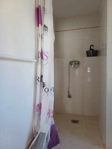 a shower with a shower curtain in a bathroom at Studio meublé in Antigny-la-Ville