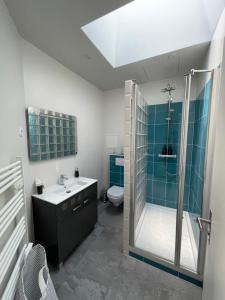 a bathroom with a shower and a sink and a toilet at Apartment 3 confort&modern in Arad