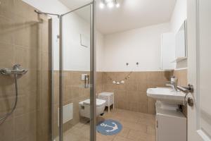 ein Badezimmer mit Toilette und Glasduschkabine in der Unterkunft Sellinkoje in Residenz Waldidyll in Ostseebad Sellin