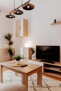sala de estar con mesa y TV en Apartamento Juzgados, en Logroño