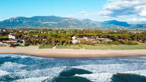 an aerial view of a beach with mountains in the background at Aquamaris Design Suite & Spa in Paestum