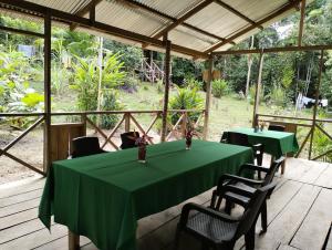 Cabañas eco lógicas mu'ü : غرفة طعام مع طاولات وكراسي خضراء