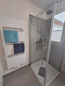 La salle de bains est pourvue d'une douche et de serviettes bleues. dans l'établissement Wagener's Hof Apartments, à Bad Wildungen