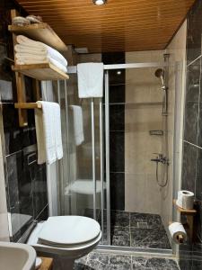 een badkamer met een douche, een toilet en een wastafel bij Casa Franco in Antalya