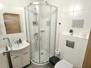 een badkamer met een douche, een toilet en een wastafel bij Willa CETNIEWSKA in Władysławowo