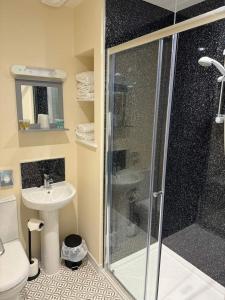 a bathroom with a shower and a toilet and a sink at Loch Ness Drumnadrochit Hotel in Drumnadrochit