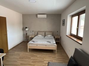 um quarto com uma cama, um sofá e uma janela em Pension Mikulov em Mikulov