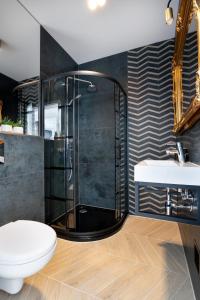 un bagno con doccia, WC e lavandino di Solaris Sea View a Darlowko