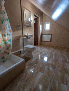 La grande salle de bains est pourvue de toilettes et d'un lavabo. dans l'établissement Pokoje nad jeziorem - U Joanny, à Bartkowa-Posadowa