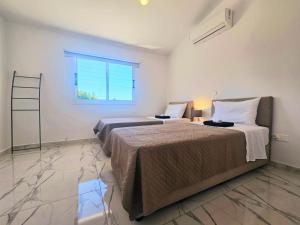 1 dormitorio con 2 camas y ventana en 2BD Garden Apartment en Pafos