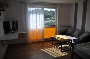 - un salon avec un canapé et une fenêtre dans l'établissement Pokoje nad jeziorem - U Joanny, à Bartkowa-Posadowa