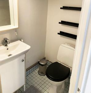 a bathroom with a black toilet and a sink at Teachers Apartment, Tahko, TV, Sauna, Shower, WiFI, Pets OK, Budget, Wanha Koulu Tahkovuori in Reittiö