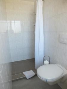 uma casa de banho branca com um WC e um chuveiro em Ferienpark Buntspecht Apartment B em Pruchten