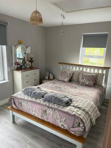 a bedroom with a bed and a dresser and a mirror at Terry Joe Cottages in Newry