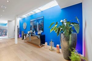 蘇黎世的住宿－Exclusive spacious Apt. with garden in Zurich，一间有蓝色墙壁和盆栽的房间