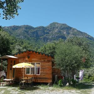 a log cabin with a mountain in the background at Eses Camping in Mugla