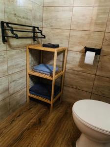 a bathroom with a toilet and a shelf with towels at Arvisura Vendégházak family friendly transit apartments in Zsombó