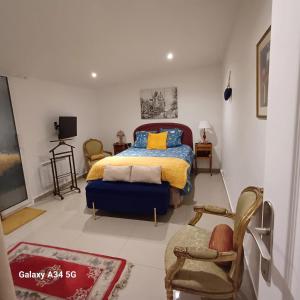 um quarto com uma cama e uma cadeira em Appartement d'une chambre avec terrasse et wifi a Paray Vieille Poste em Paray-Vieille-Poste