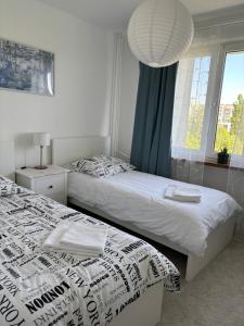a bedroom with two beds and a large window at Nocleg na doby S 61 ROAD in Suwałki
