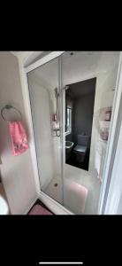 un bagno con doccia in vetro e WC di Ohana Caravans - Haven Seton Sands a Port Seton