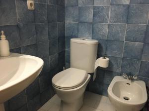 een blauw betegelde badkamer met een toilet en een wastafel bij Apartament amb vistes in Platja  d'Aro