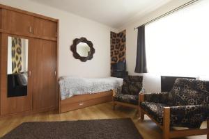 ニーレジハーザにあるMilán Apartmentのベッド1台、椅子2脚、鏡が備わる客室です。