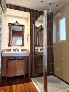 La salle de bains est pourvue d'un lavabo et d'une douche. dans l'établissement Apartment Exclusive View Cvjetni trg, à Zagreb