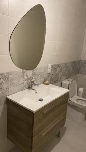 a bathroom with a sink and a mirror and a toilet at Le cocon du Faubourg in Vendôme