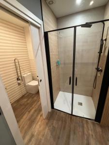 ein Bad mit einer Dusche und einem WC in der Unterkunft NOARU Apartamentos in Ares