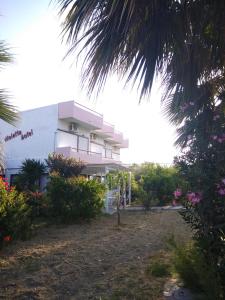 a building with a palm tree in front of it at Violetta Hotel in Amoudara Herakliou