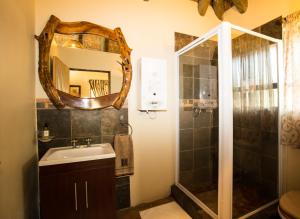 a bathroom with a shower and a sink and a mirror at Indalu Game Reserve in Boggomsbaai