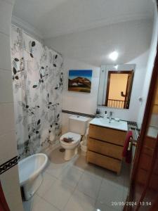 y baño con aseo, lavabo y espejo. en "Casa Colorá" en Sevilla, en Benacazón