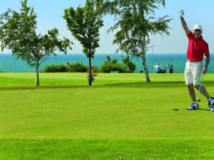 a man is playing golf on a golf course at Seemöwe "Seagull" F178 in Fehmarn