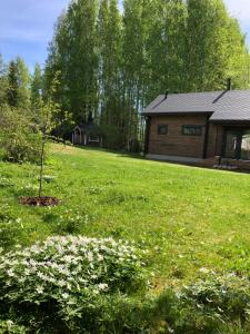 a small tree in the grass in front of a house at Moderni vierasmökki in Mikkeli