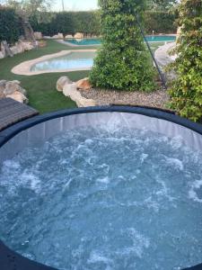 阿爾貝羅貝洛的住宿－La linea dell'orizzonte，一个带游泳池的庭院里的一个大型热水浴缸