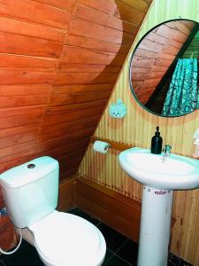 ein Bad mit einem WC und einem Waschbecken in der Unterkunft Aquawood Cabin in Keruguya