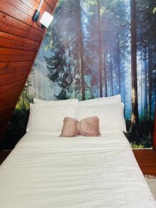 Un pat sau paturi într-o cameră la Aquawood Cabin