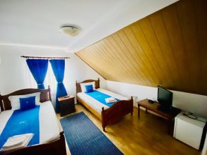a bedroom with two beds and a television in it at HANUL PESCARILOR Mila 23 in Mila Douăzeci şi Trei